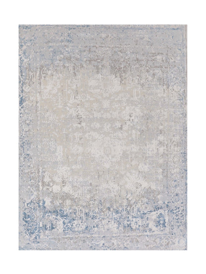 Contemporary Indian  Hand-Knotted  Ivory Blue Silk Area Rug