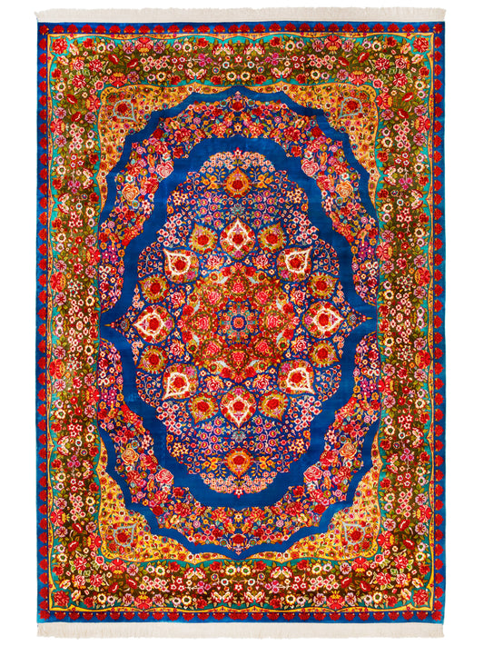 Kashmir Handmade Silk Rug Floral Rose Medallion Design