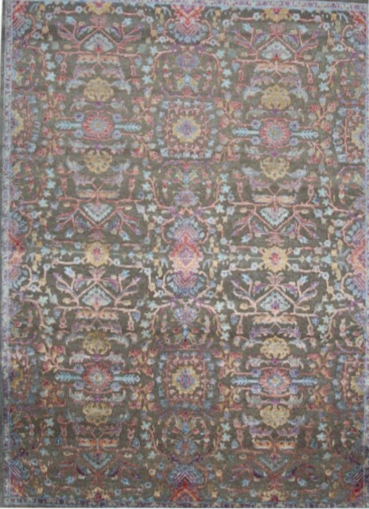 Modern Fine Hand-Knotted Wool & Silk Indian Carpet