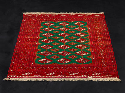 Handmade Traditional Fine Red And Green Bokhara Persian Wool Rug