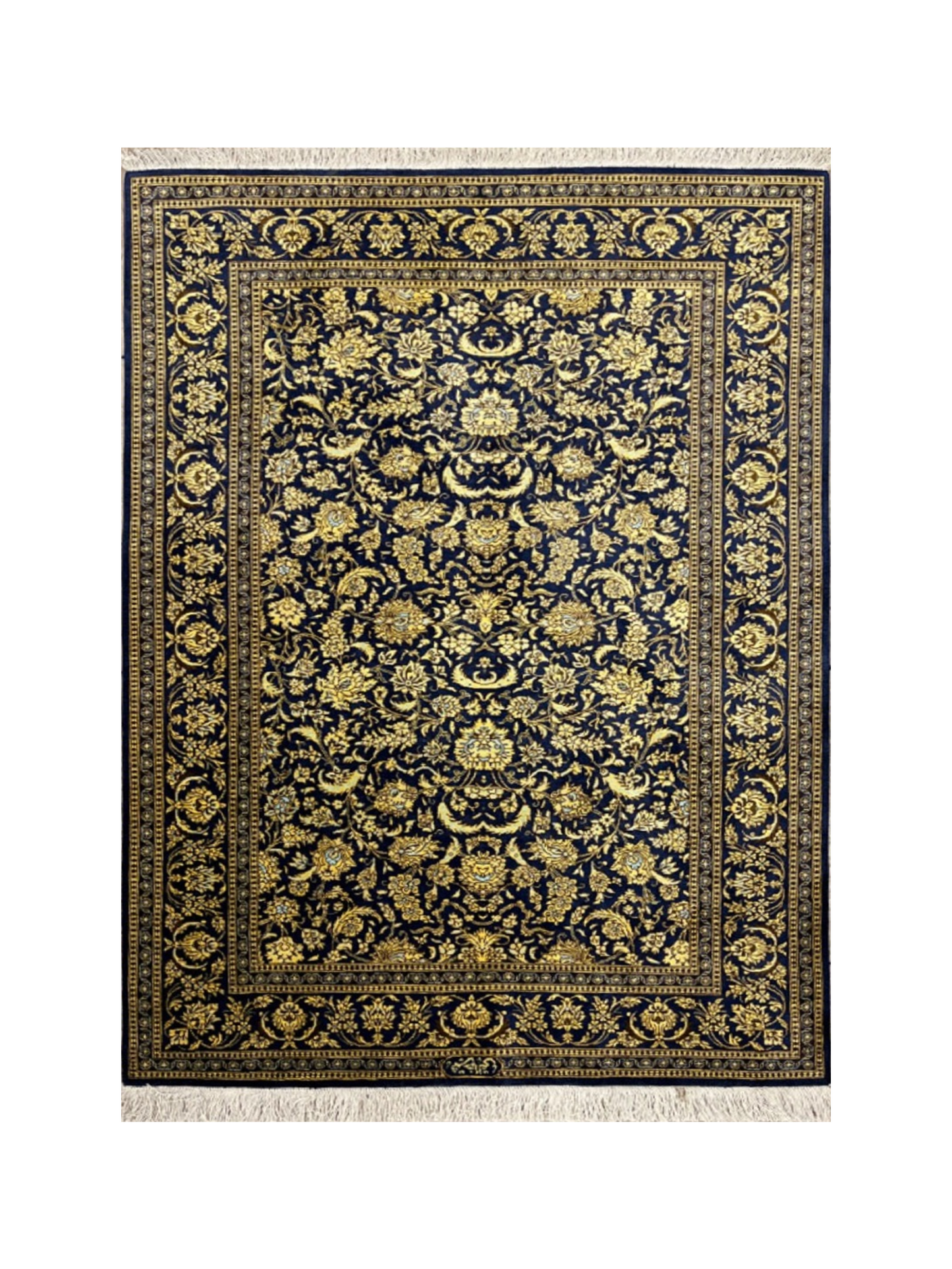 Gold Blue Hand-Woven Traditional Persian Silk Qom Rug