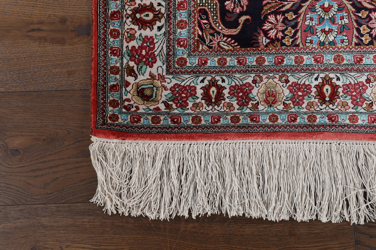 Persian Qom Pure Silk Runner Rug With A Floral Peacocks Design.