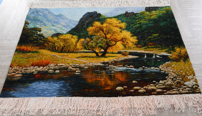 Handmade Wool and Silk Persian Tabriz Rug  Natural Landscape Design