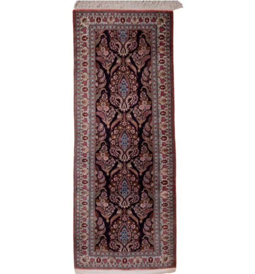 Persian Qom Pure Silk Runner Rug With A Floral Peacocks Design.