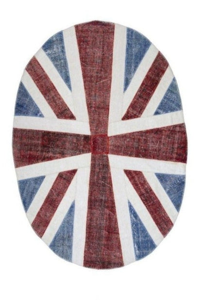 Vintage Blue Union Jack Patchwork Turkish Wool Oval Rug