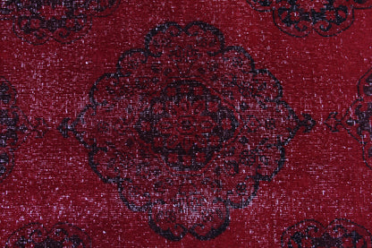 Red Black Turkish Vintage Wool Hand-Knotted Runner Rug-id9
